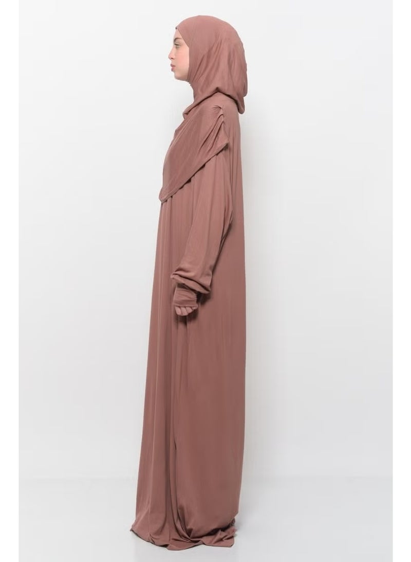 Altobeh Practical One Piece Cotton Bat Sleeves Removable Organic Hijab Prayer Dress with Headscarf - Earthenware - Image 4